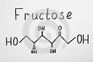 Word Fructose with drawn scheme on paper, top view