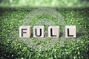 Word FULL made from cubes or blocks on grass background