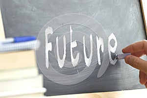 The word Future hand written on a blackboard.