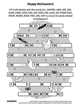 Word game: Fill in the blanks with the words provided to make 16 words related to Halloween holiday. Suitable both for kids and ad