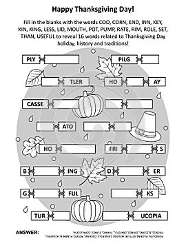 Word game: Fill in the blanks with the words provided to make 16 words related to Thanksgiving Day holiday, history, traditions. S