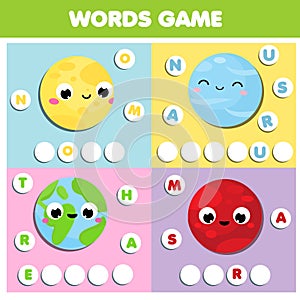 Word game for kids and toddlers. Educational children activity. Learn space and planets