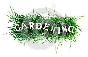 Word GARDENING made of wooden letters on grass isolated on white