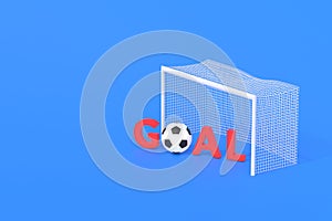 Word goal near soccer gate on blue background