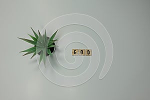 The word God written in wooden letter tiles on a white background