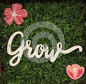 The word grow on a green grass background