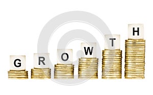 Word GROWTH on Row of Gold Coin Stacks Isolated White