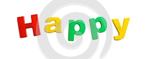Word HAPPY of magnetic letters on white, top view