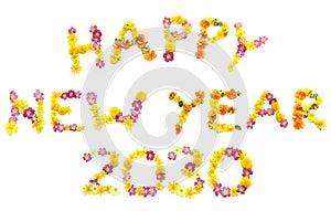 the word HAPPY NEW YEAR 2030 made of yellow, orange and pink flower letters