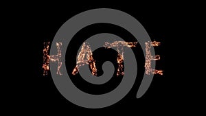 Word HATE burning on black background Steel wool smoldering Beautiful combustion Exciting typography font