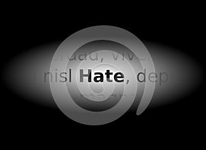 Word hate highlighted by light, gray tones, english, isolated.
