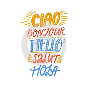 Word hello in different european languages on white background. Ciao in italian, french bonjur, spanish hola. Vector