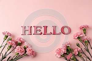 Hello text on pink background with carnations