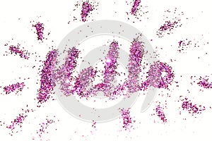 Word Hello of purple glitter sparkle on white background