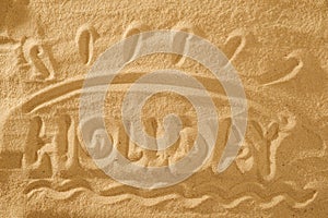Word Holiday. Summer in the sand. Sun symbol sign.