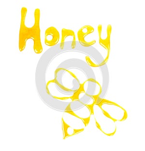 Word honey and picture of a bee made of honey photo