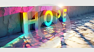 The word hope is lit up in rainbow colors