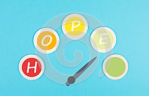 The word hope is standing on wooden circles, positive mindset, optimism for the future, progress bar, having faith and spiritual