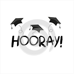 Word horray lettering vector concept without background. Graduate cap thrown up. Congratulation graduates 2023 class photo