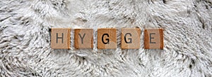 Word Hygge Spelled out with Wooden Letter Blocks on Soft Faux Fur Blanket