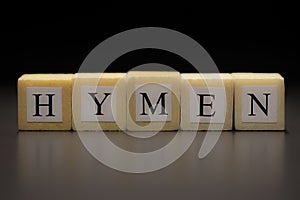 The word HYMEN written on wooden cubes, isolated on a black background