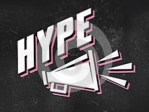 Word Hype and megaphone illustration on dark grey textured background