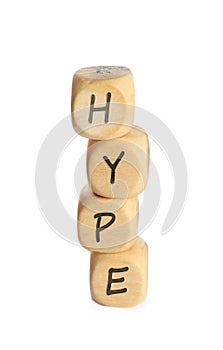 Word Hype of wooden cubes with letters on white background