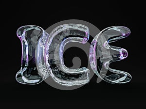 Word ICE made from ice letters on black background. 3D