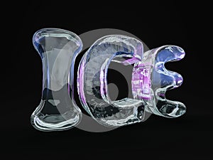 Word ICE made from ice letters on black background. 3D