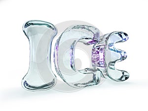 Word ICE made from ice letters on white background. 3D