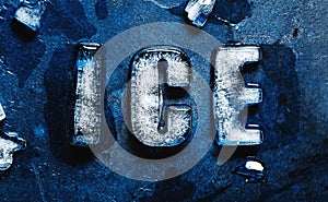 Word ICE made of real ice letters.