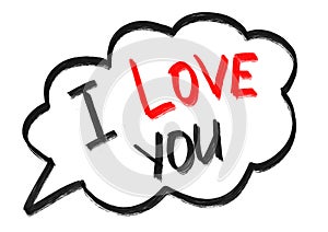 Word and inscription I love you written inside black speech bubble cloud on white isolated background