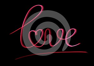 Word and inscription love with heart written in neon red color in calligraphic handwriting on black background