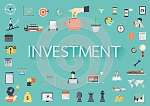 The word INVESTMENT surrounding by concerning flat icons