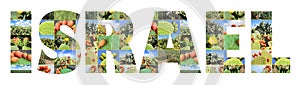 Word Israel. Banner made of photos Sabra cacti and Israel plantations.