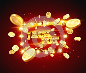 The word Jack Pot, surrounded by a luminous frame on a coins explosion background.
