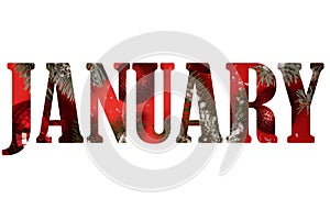 Word january from red backround with chritmas tree and decorations isolated on white background