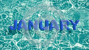 Word `JANUARY` shaped inflatable swim ring floating in a refreshing blue swimming pool