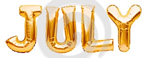 Word JULY made of golden inflatable balloons isolated on white. Helium gold foil balloons forming summer month july word. Months