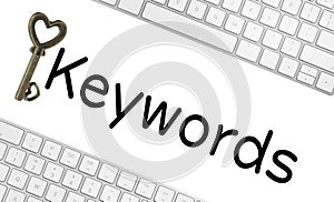 Word Keywords, computer keyboards and key on background. SEO direction