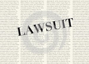 The word LAWSUIT written and highlighted in front of blurred, text columns on background of light yellow color