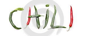 word letter CHILI from red, green, chili pepper, salad letter isolated for vegan vegetarian chili sin carne