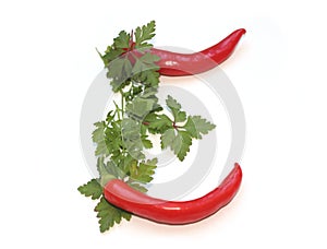 letter E from red chili pepper and green herbs, parsley letter for herb cook book, recipe photo