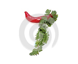 letter J from red chili pepper and green herbs, parsley letter for recipe photo