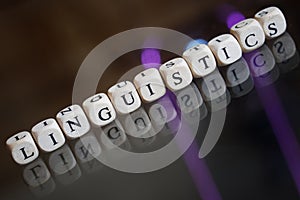 The word linguistics is laid out in wooden cubes on a reflective surface. Concept for modern language sciences, computational