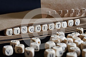 The word linguistics is made with wooden cubes next to a notebook made of eco-friendly paper. Concept of studying modern language