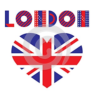 Word London and heart - Flag of the Great Britain. Trendy geometric font.