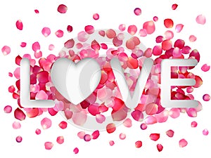 Word Love on a background of pink rose petals.