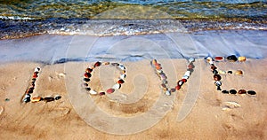 Word LOVE on beach sand