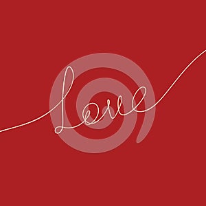 Word Love Continuous one line drawing, Calligraphy lettering free handwriting love concept, creamy line on red color, valentines
